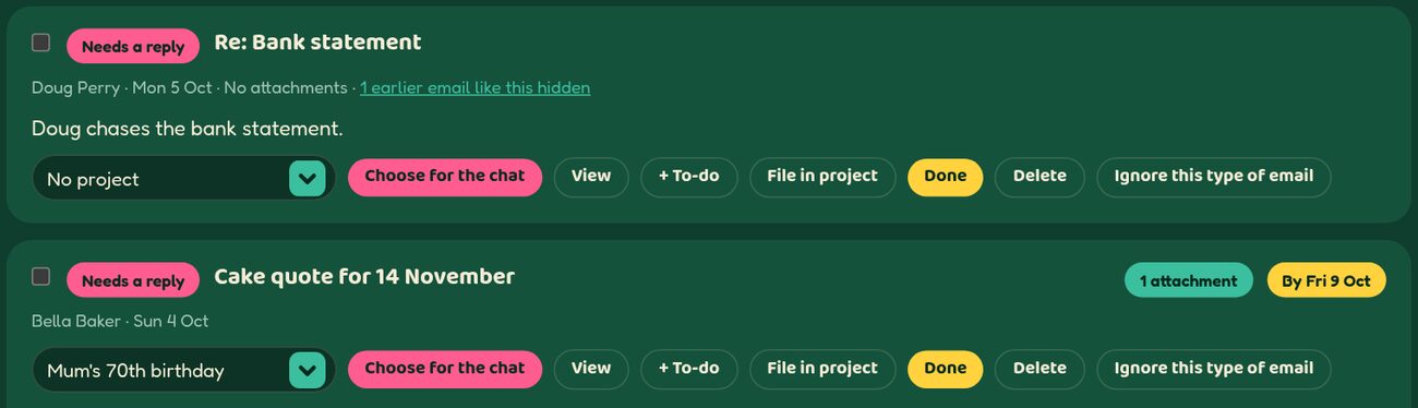 Two inbox cards marked Needs a reply, each with a suggested project