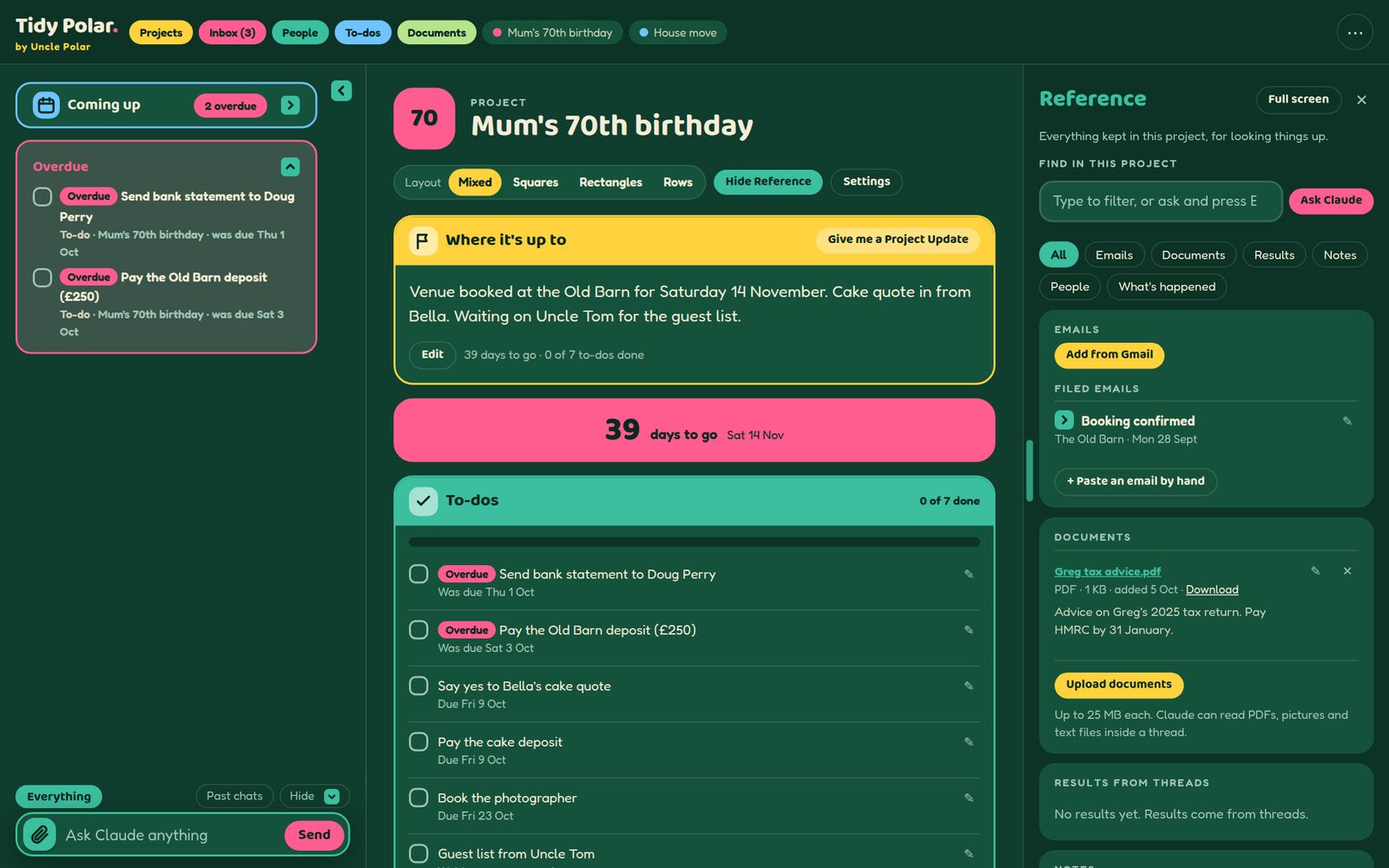 A project page for Mum's 70th birthday with where it's up to, a countdown and to-dos